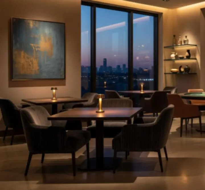 Wieczorne wnętrze Polska Evening House z eleganckim oświetleniem