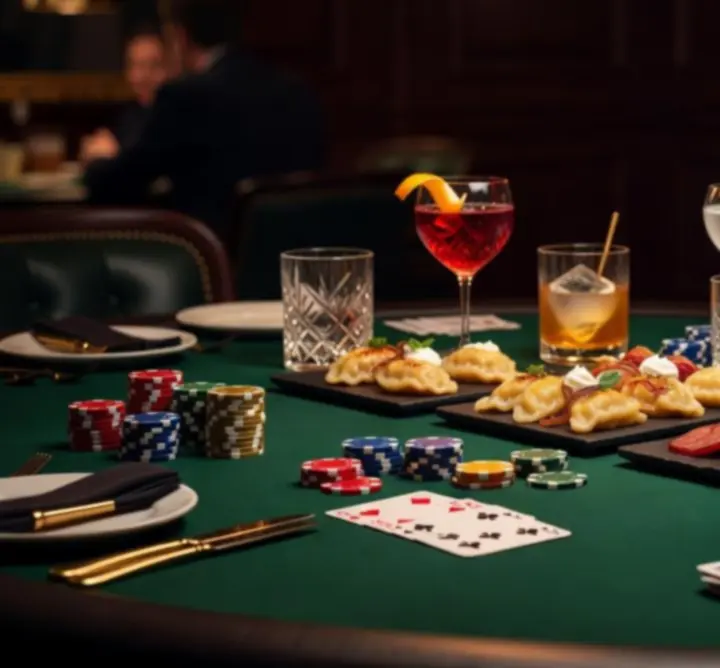 Serwowanie przekąsek i koktajli przy stoliku pokerowym