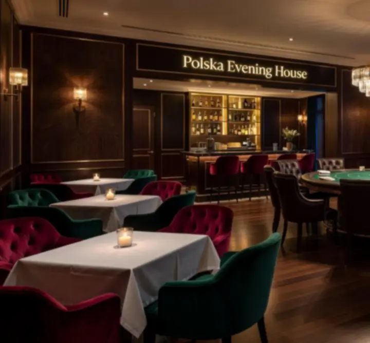 Eleganckie wnętrze Polska Evening House z restauracją i poker lounge